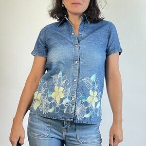 Vintage Floral Print Denim  Short Sleeve Shirt - Size S